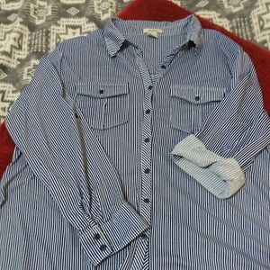 Knit blue striped button down